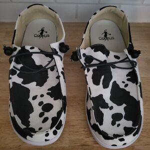 Womens Cow Print Shoes By Corkys Slip On And Can Be Tightened With Strings